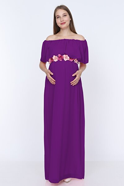 MODA LABİO Kadın Mor Şifon Düşük Omuz Hamile Elbisesi