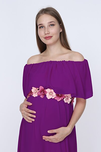 MODA LABİO Kadın Mor Şifon Düşük Omuz Hamile Elbisesi