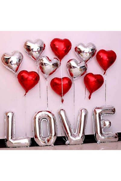Happyland عيد الحب 8 قلوب من رقائق الفضة الحمراء و8 بالون الحب الفضي 100 سم