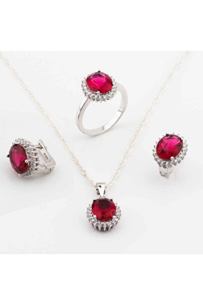 Takıhan Kadın Gümüş Yuvarlak Kırmızı Zirkon 925 Ayar Taşlı Set