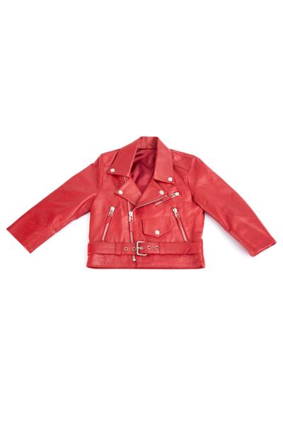 BURDA DERİ Kız Çocuk Kırmızı Hakiki Deri Motorcu Model Ceket