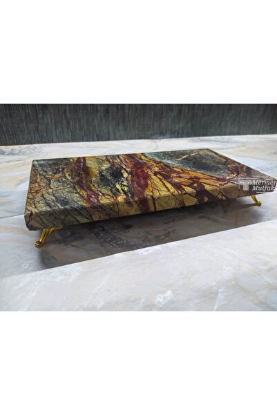 MR MERMER MUTFAK Rain Forest Green Mermer Sunum & Servis Tabağı - Altın Ayaklı (15X30CM)