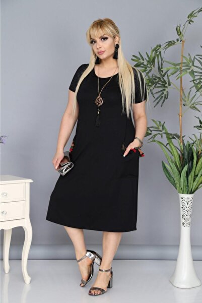 LİKRA Γυναικείο Μαύρο Φόρεμα Βισκόζης με Φούντα Τσέπες Plus Size