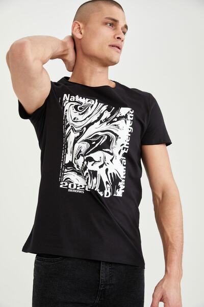 DeFacto Ανδρικό μπλουζάκι από βαμβακερό μαύρο φυσικό εμπριμέ με λαιμόκοψη