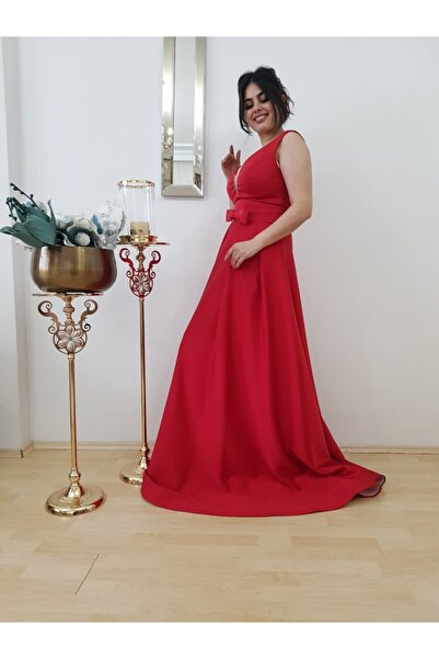 FERGAN Kadın Kırmızı Saten Nişanlık Abiye Elbise