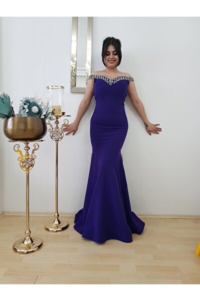 FERGAN Women's Purple Boat Neck Fish Collar Evening Dress