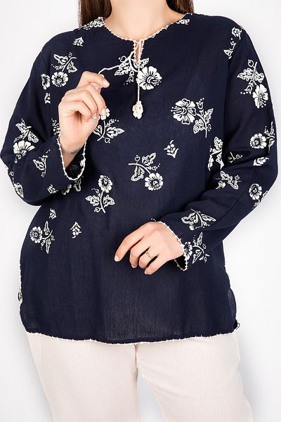 Kardelen Butik Ümraniye Women's Navy Blue Şile Cloth Long Sleeve Blouse