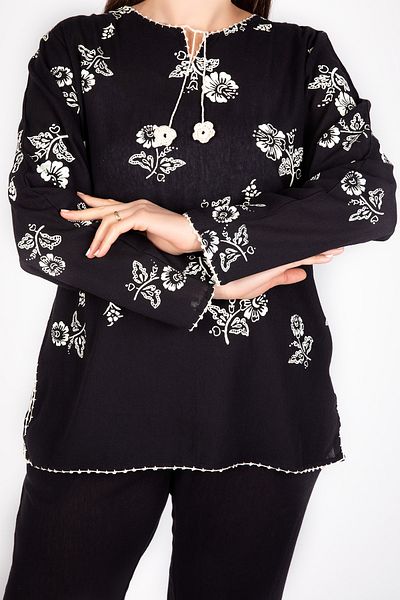 Kardelen Butik Ümraniye Women's Black Şile Cloth Long Sleeve Blouse