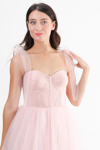 Lenta Moda Pudra Kadın Midi Boy Tül Abiye Balo Elbisesi