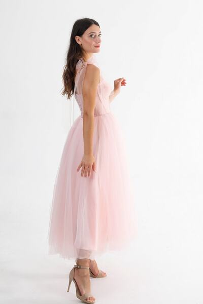 Lenta Moda Pudra Kadın Midi Boy Tül Abiye Balo Elbisesi