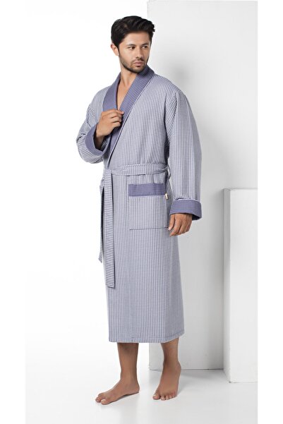 Nuşa Füme Kareli Pike Bambo Cotton Erkek Sabahlık Bornoz