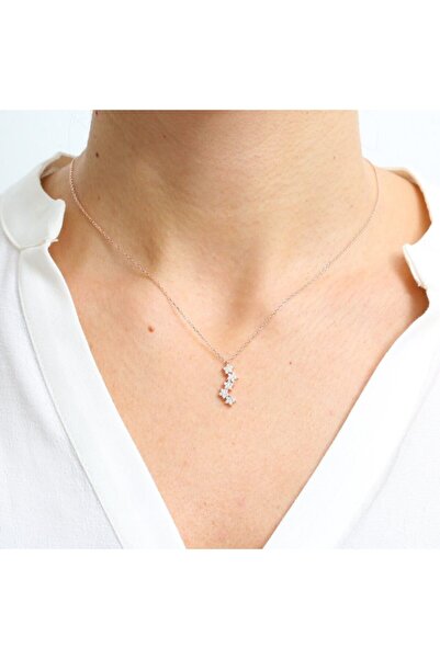 Mia Vento Pırlanta Montür Asimetrik Yıldızlar Rose Renk Gümüş Kolye