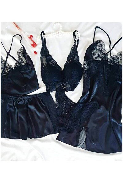 Çeyize dair herşey Siyah 5 Li Fantazi Saten Çeyizlik Set 4182