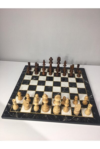 BAKTUĞ Siyah Mermer Desenli Tahta + Ahşap Satranç Taşı