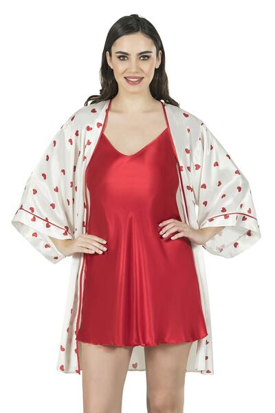 Fabienne Kalpli Saten Beyaz Kırmızı Sabahlık Ve Kırmızı Saten Gecelik Kimono ...