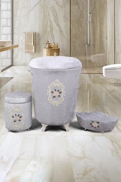 Bonny Home Shems Gri 3lü Kadife Çeyizlik Dantelli Banyo Kirli Çamaşır Sepeti ...