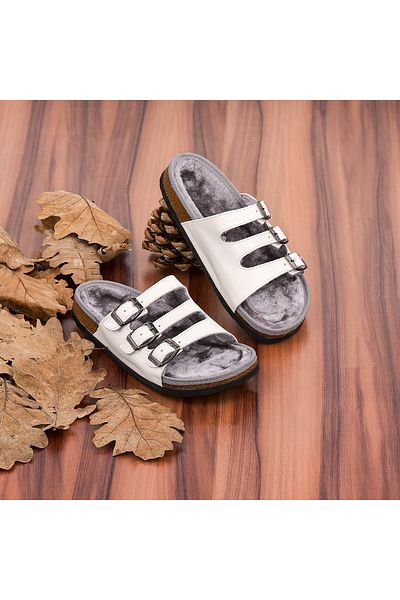 Moosefield Genuine Leather Cream Furry Slippers