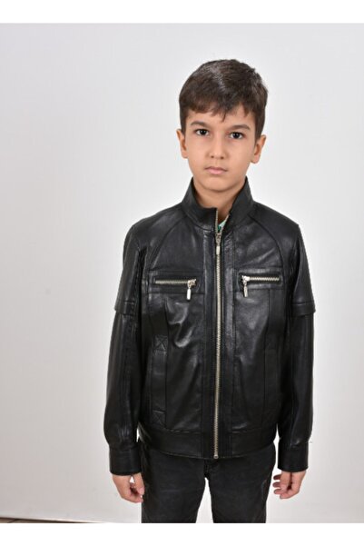 KÜTONNİ PELLE Erkek Çocuk Siyah Hakim Yaka Hakiki Deri Mont