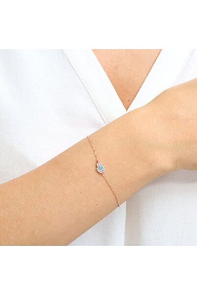 Mia Vento Firuze Detay Işıltılı Fatma Ana Eli Rose Renk Gümüş Bileklik