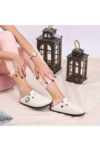 Moosefield Papuci cu blană din piele naturală de culoare crem
