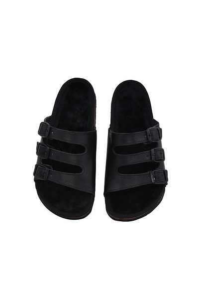 Moosefield Black Genuine Leather Furry Slippers