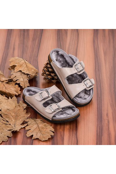 Moosefield Genuine Leather Beige Furry Slippers