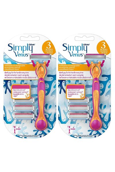 Gillette Venus Venus Simply Venus 3 Shaver + 3 Spare Razor Blades X 2 Pieces