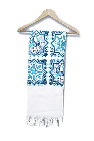 Develi 1973 Peacock Tile Printed Cotton Bamboo Peshtemal