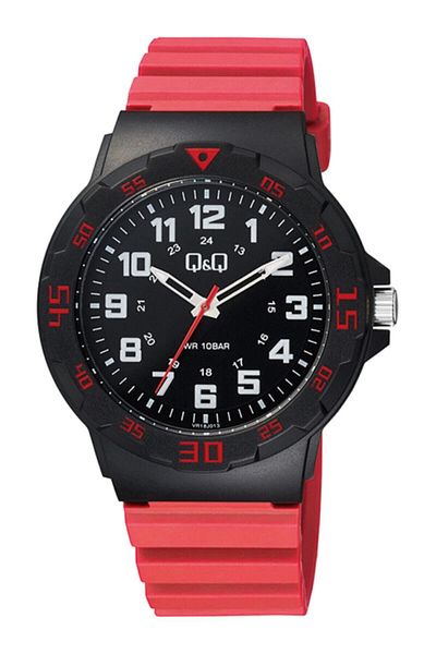 Q&Q Red Men's Wristwatch Silicone 10atm Waterproof Japan Quartz Vr18j013y