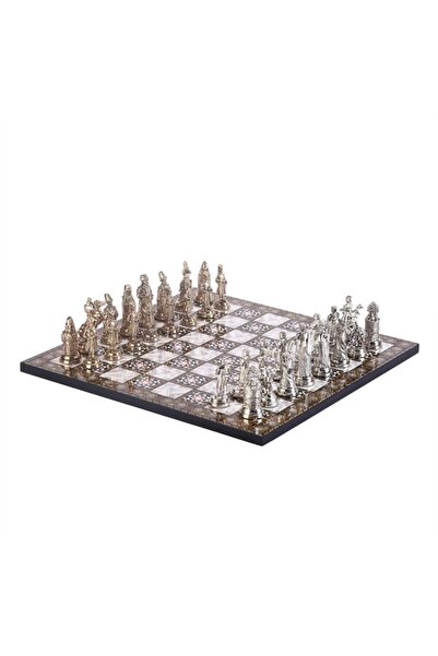 Gift Home Büyük Boy Metal Osmanlı Bizans Satranç Takımı Parlak Ve Sedef Desenli Mdf Ahşap Satranç Tahtası (37x