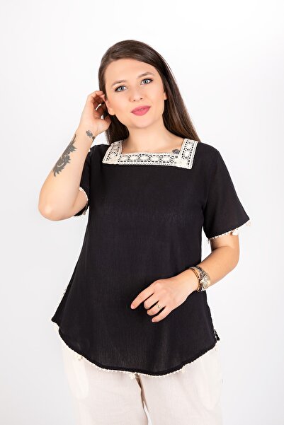 Kardelen Butik Ümraniye بلوزة نسائية من قماش Şile بأكمام قصيرة وياقة دانتيل ب...