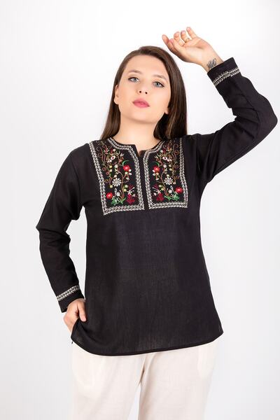 Kardelen Butik Ümraniye Şile Bezi Nakışlı Siyah Şilebezi Bluz