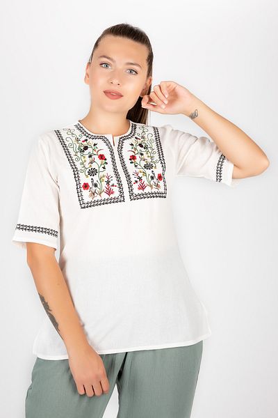Kardelen Butik Ümraniye Women's Şile Cloth Short Sleeve Cream Blouse