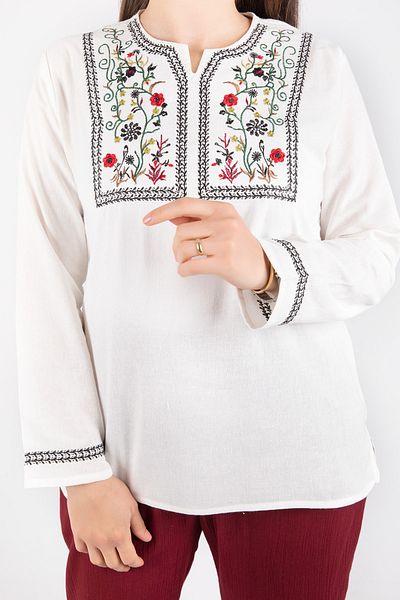 ÇIKRIKÇI TEKSTİL ŞİLE BEZİ Sile Cloth Embroidered Long Sleeve Blouse Cotton Summer Cream