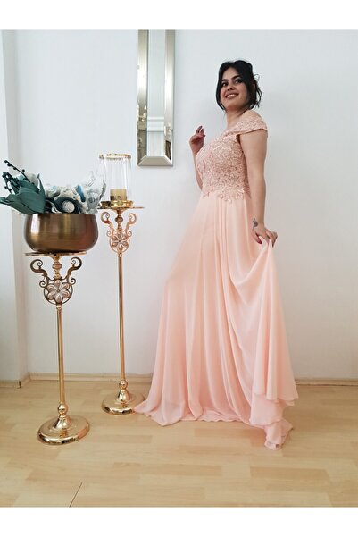 FERGAN Kadın Pudra Güpür Işleme Şifon Abiye Elbise