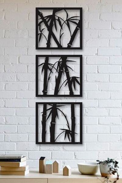 HTS TASARIM 3'lü Bambu Duvar Tablosu 30x27cm - Ahşap Dekoratif Modern Duvar Süsü Lazer Kesim
