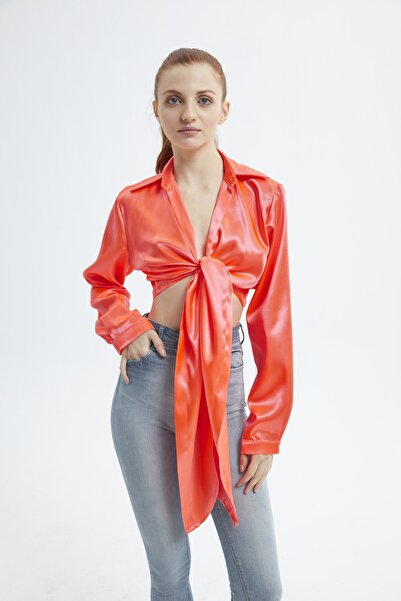 Snake Squad Kadın Turuncu Neon Saten Bağlamalı Gömlek