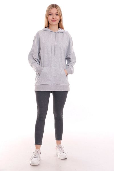 DISENTIS MODEST Hooded Flower Patterned Long Sleeve Oversize Gray Sweatshirt with Kangaroo Pocket