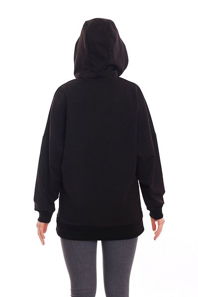 DISENTIS MODEST Hooded Flower Patterned Long Sleeve Oversize Black Sweatshirt with Kangaroo Pocket