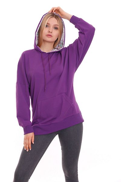 DISENTIS MODEST Hooded Floral Patterned Long Sleeve Oversize Purple Colored Sweatshirt with Kangaroo Pocket