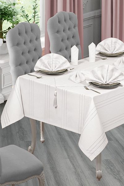 Çeyizci Luxury Colber Tablecloth Set for 12 People Colber (Ecru)