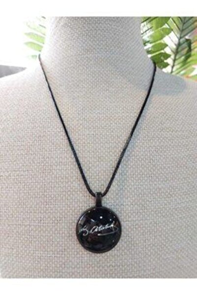Akuamarin Unisex Siyah İpli Kemal Atatürk Imzalı Kolye