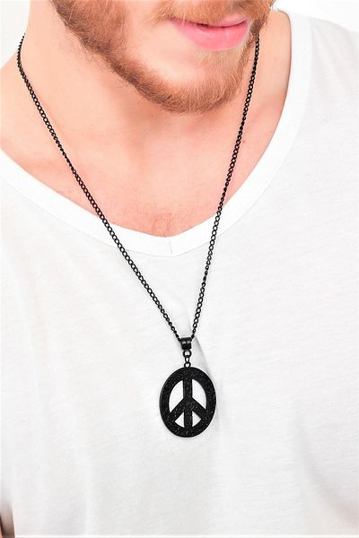 LABALABA Men's Black Oxide Plated Embossed Printed Peace Icon Pendant Necklace