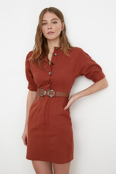Trendyol Collection Tile Belted Gabardine Mini Woven Shirt Dress TWOSS21EL0497