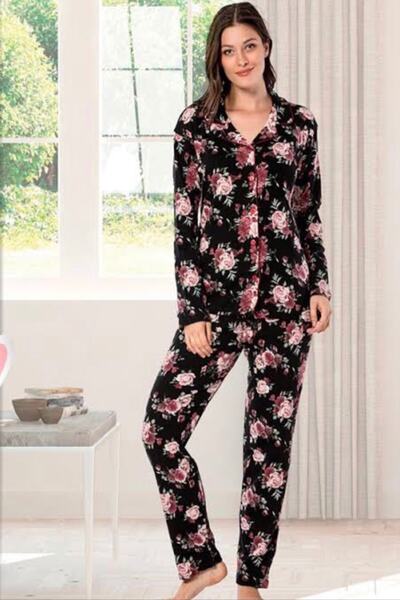 Miss Melina Kadın Bordo Önden Düğmeli Çiçekli Pijama Takım