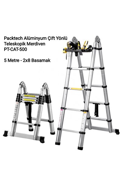Packtech Alüminyum Çift Yönlü Teleskopik Merdiven | 8+8 Basamak - 5 Metre
