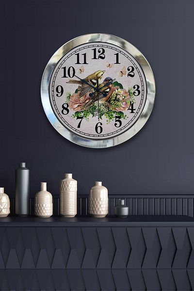 Kasva Concept Gift 36 Cm Chrome Metal Birds Wall Clock