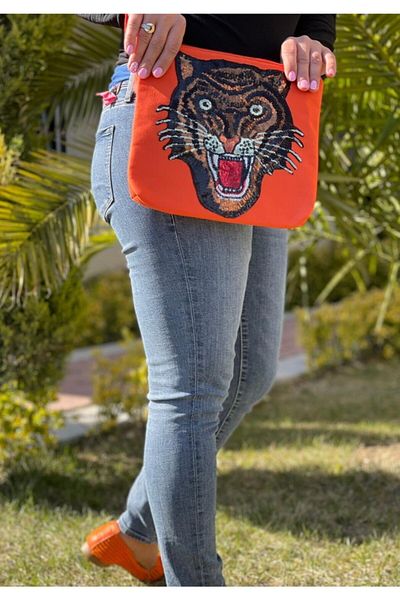 Gönülden Tasarım Чанта и чантичка за гримове Tiger Orange с пайети и апликации 28x25