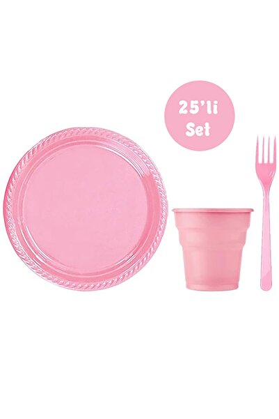 goldd 25'li Plastik Tabak Çatal Ve Bardak Seti Pembe