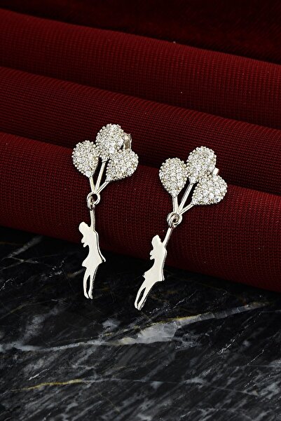 Bilsen Store 925 Ayar Gümüş Beyaz Zirkon Taşlı Balonlu Kız Model Küpe